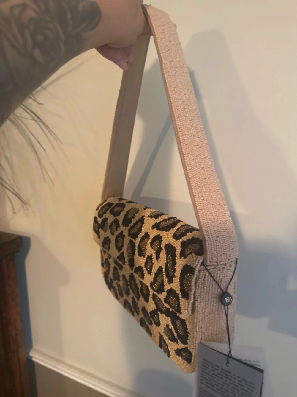 Leopard Print Shoulder Bag in Beige and Black - Picture 2 of 4